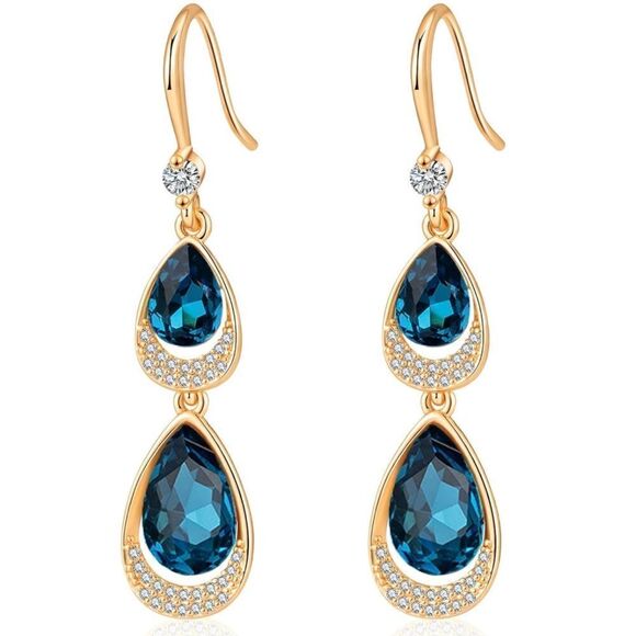 14K Yellow Gold with Blue Sapphire Austrian Crystal Double Teardrop Earrings